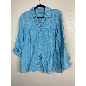 Chicos 1 Linen Blue Gingham Womens Button Up Top Size Medium Long Sleeve Picnic